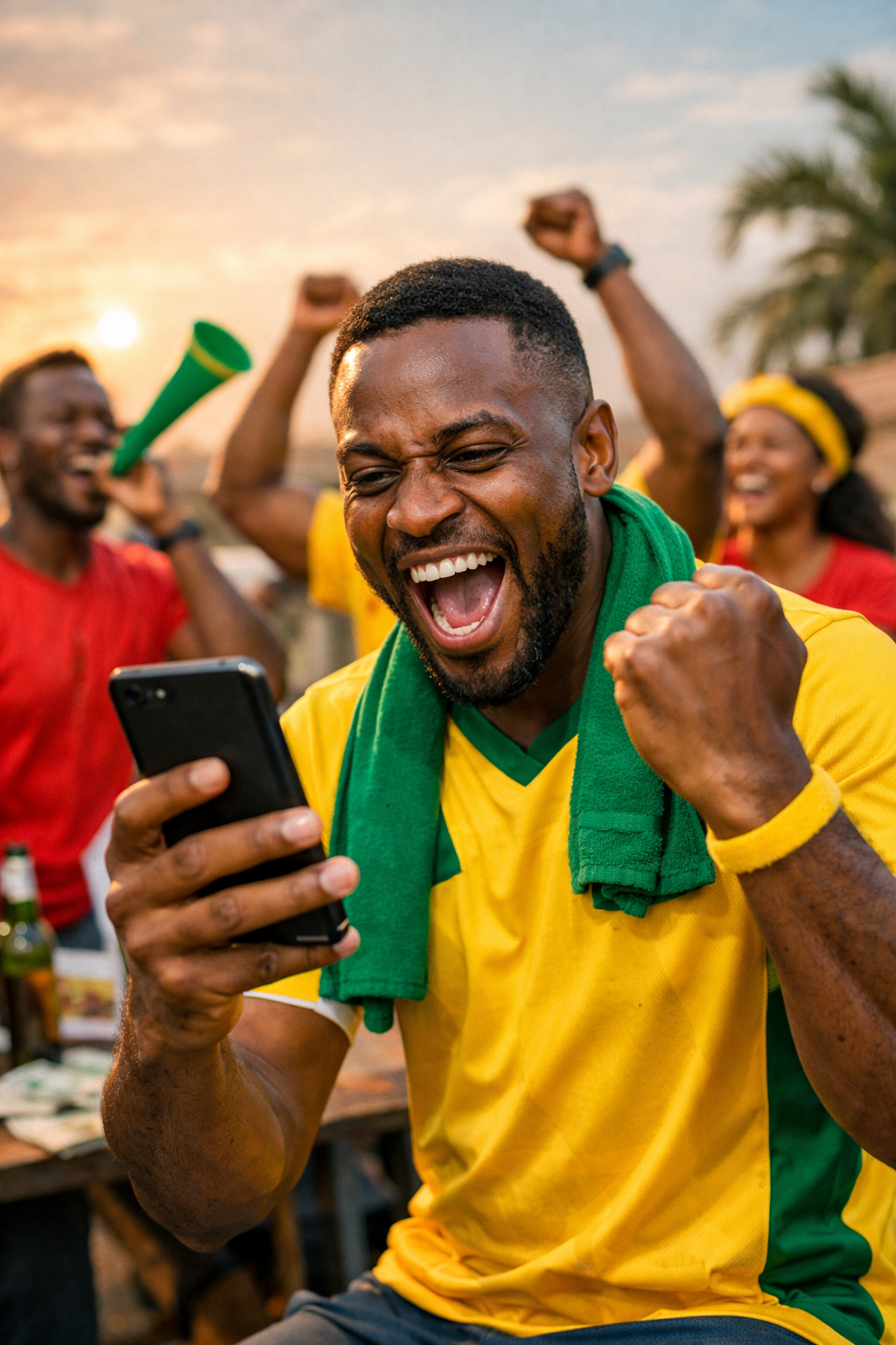 Football fans celebrating while looking at a phone